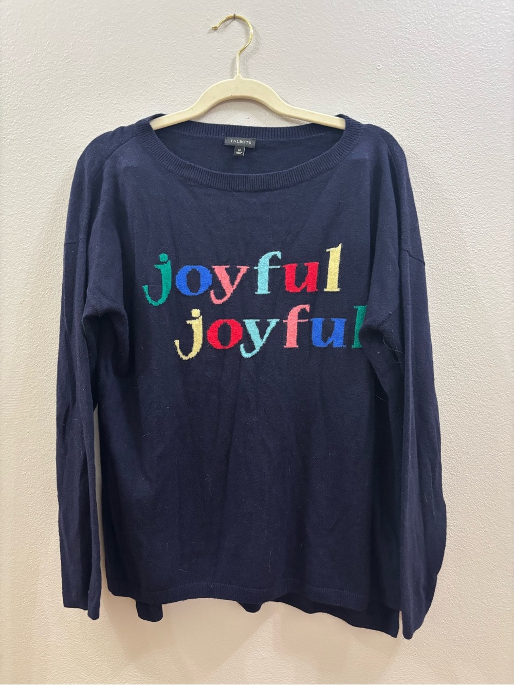 Talbots Navy Sweater with Multicolor "joyful" Embroidery